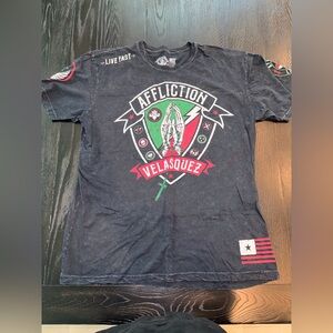 Affliction Dark Graphic Tee with Red and Green Accents